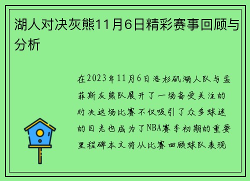 湖人对决灰熊11月6日精彩赛事回顾与分析